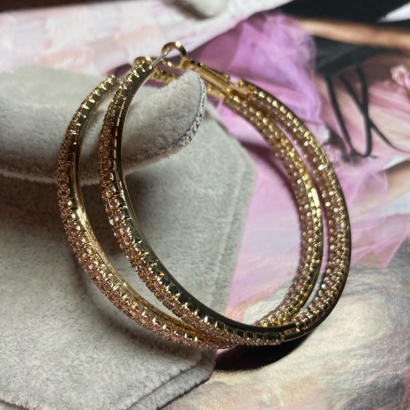 Big Gold Rhinestone Hoop Earrings - Picture 2 of 3